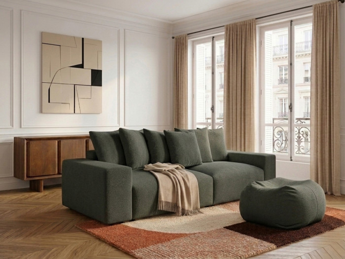 Canapé droit fixe 4 places VOLTAIRE tissu chiné avec pouf