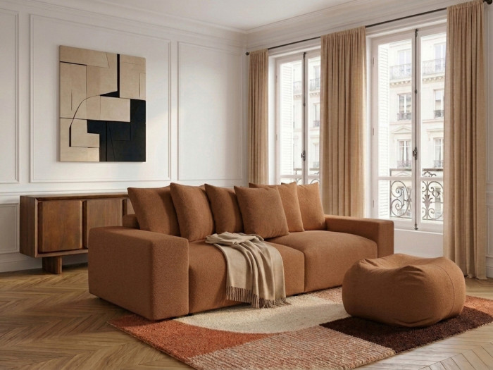 Canapé droit fixe 4 places VOLTAIRE tissu chiné avec pouf