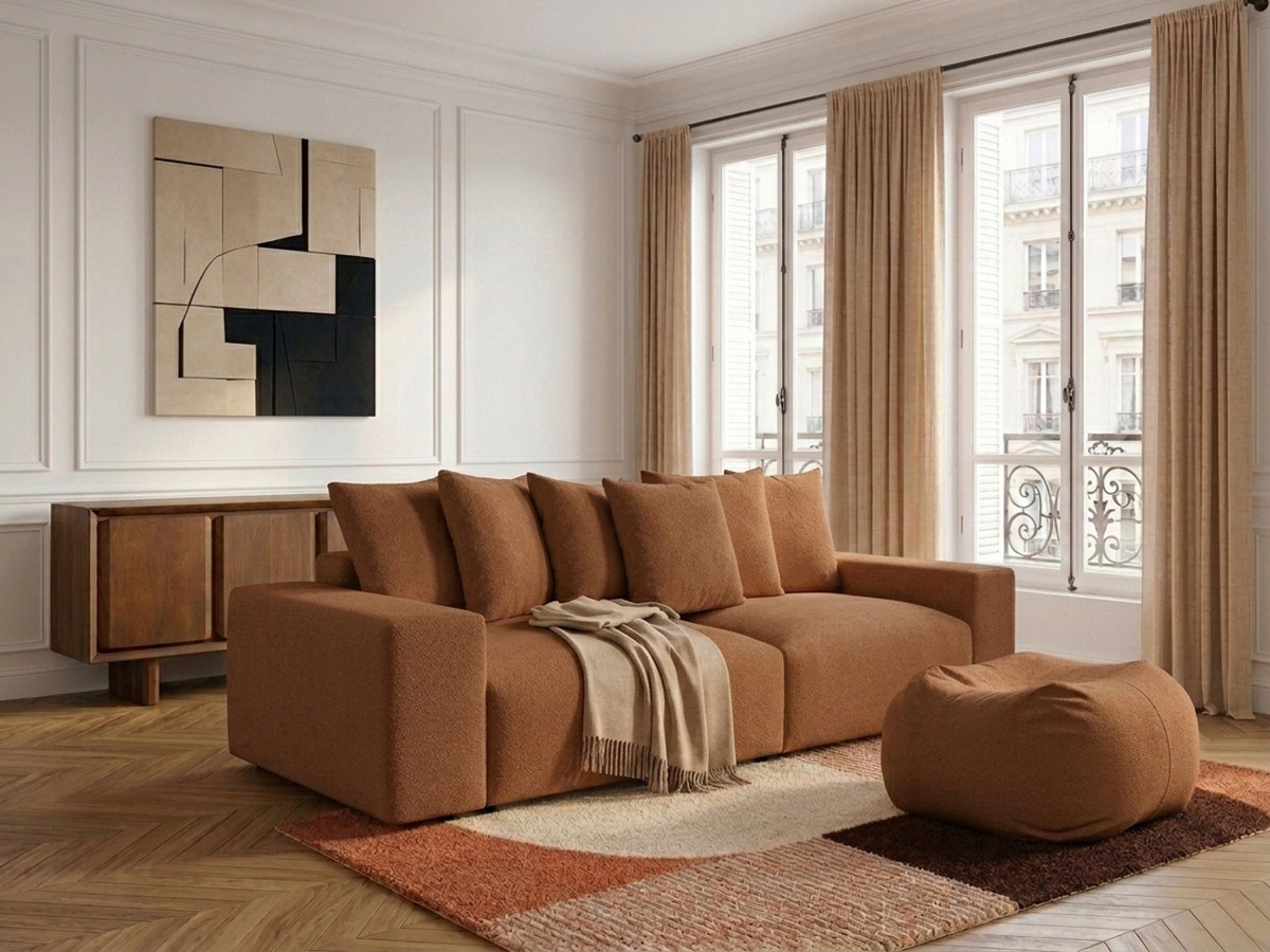 Canapé droit 4 places VOLTAIRE chiné avec pouf orange