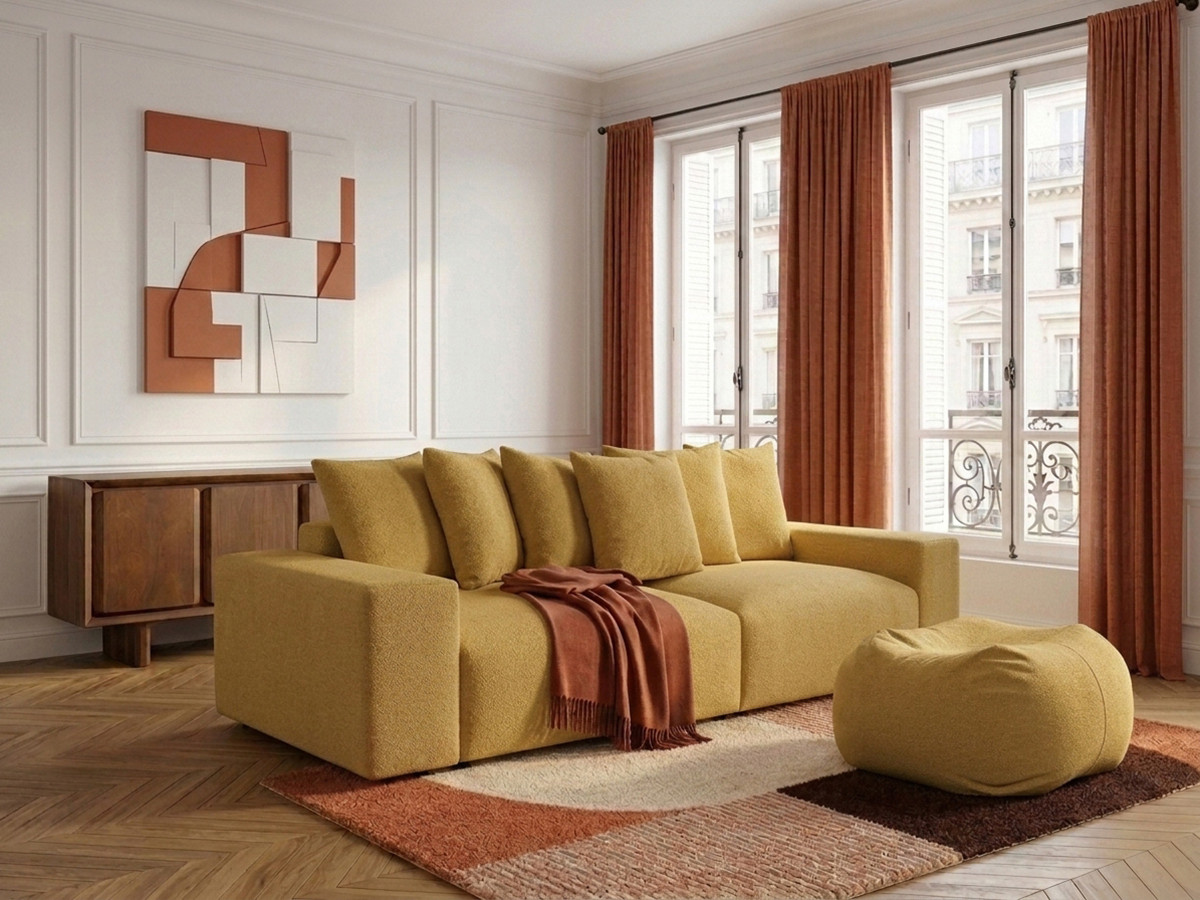 Canapé droit 4 places VOLTAIRE chiné avec pouf jaune