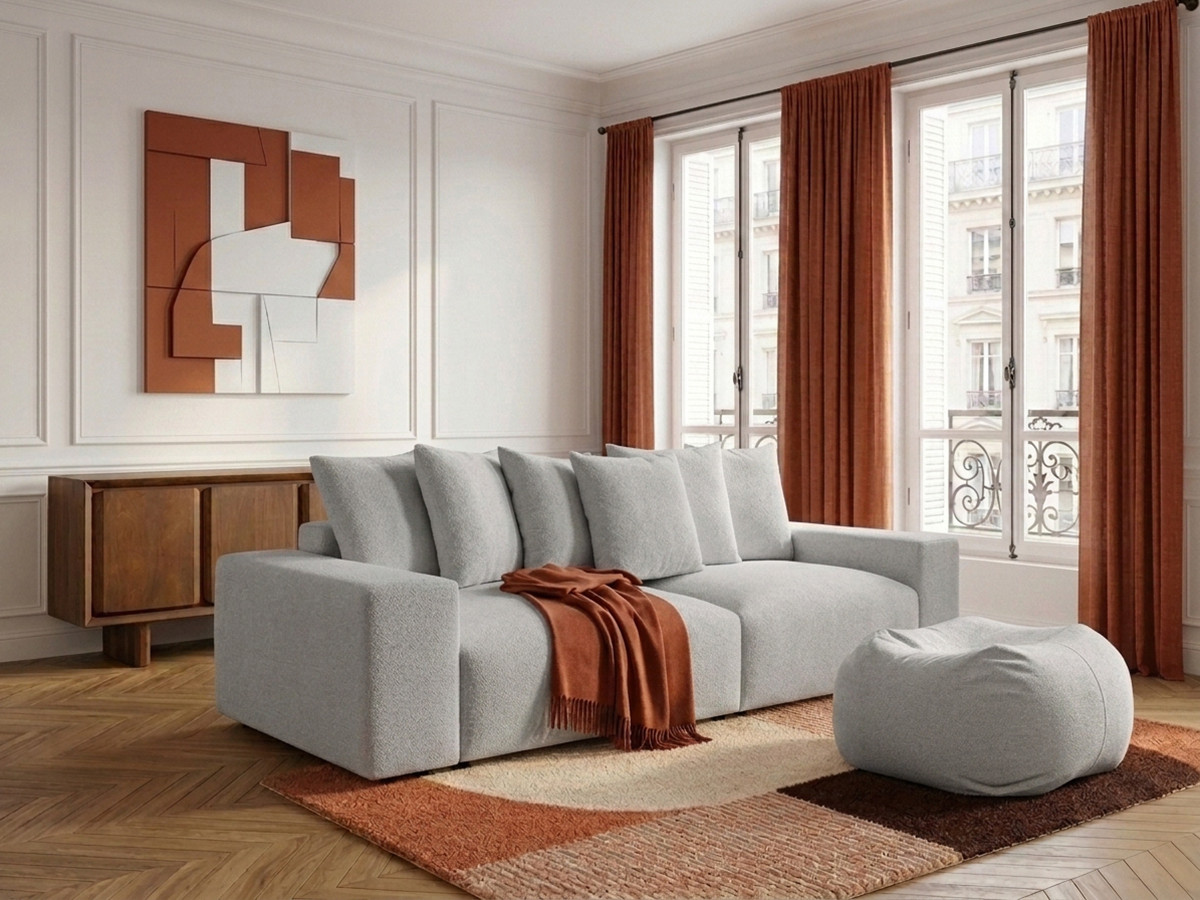 Canapé droit 4 places VOLTAIRE chiné avec pouf gris clair