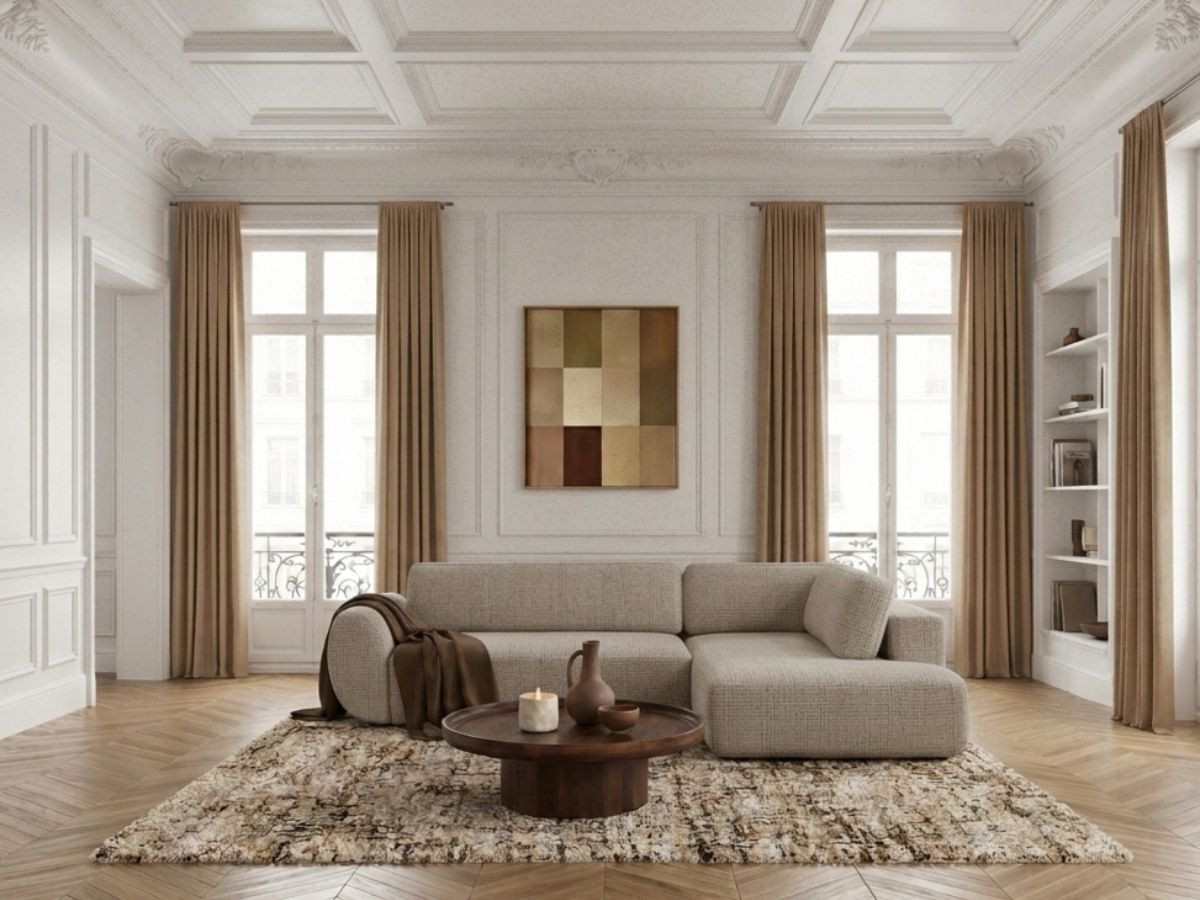 Canapé angle L convertible coffre DENISE texturé beige — vue 4