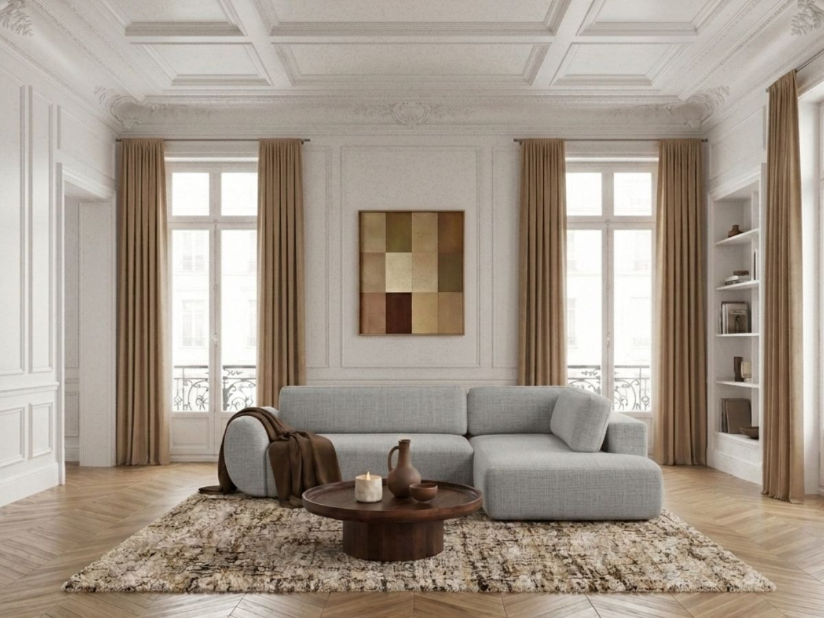 Canapé angle L convertible coffre DENISE texturé gris clair — vue 4