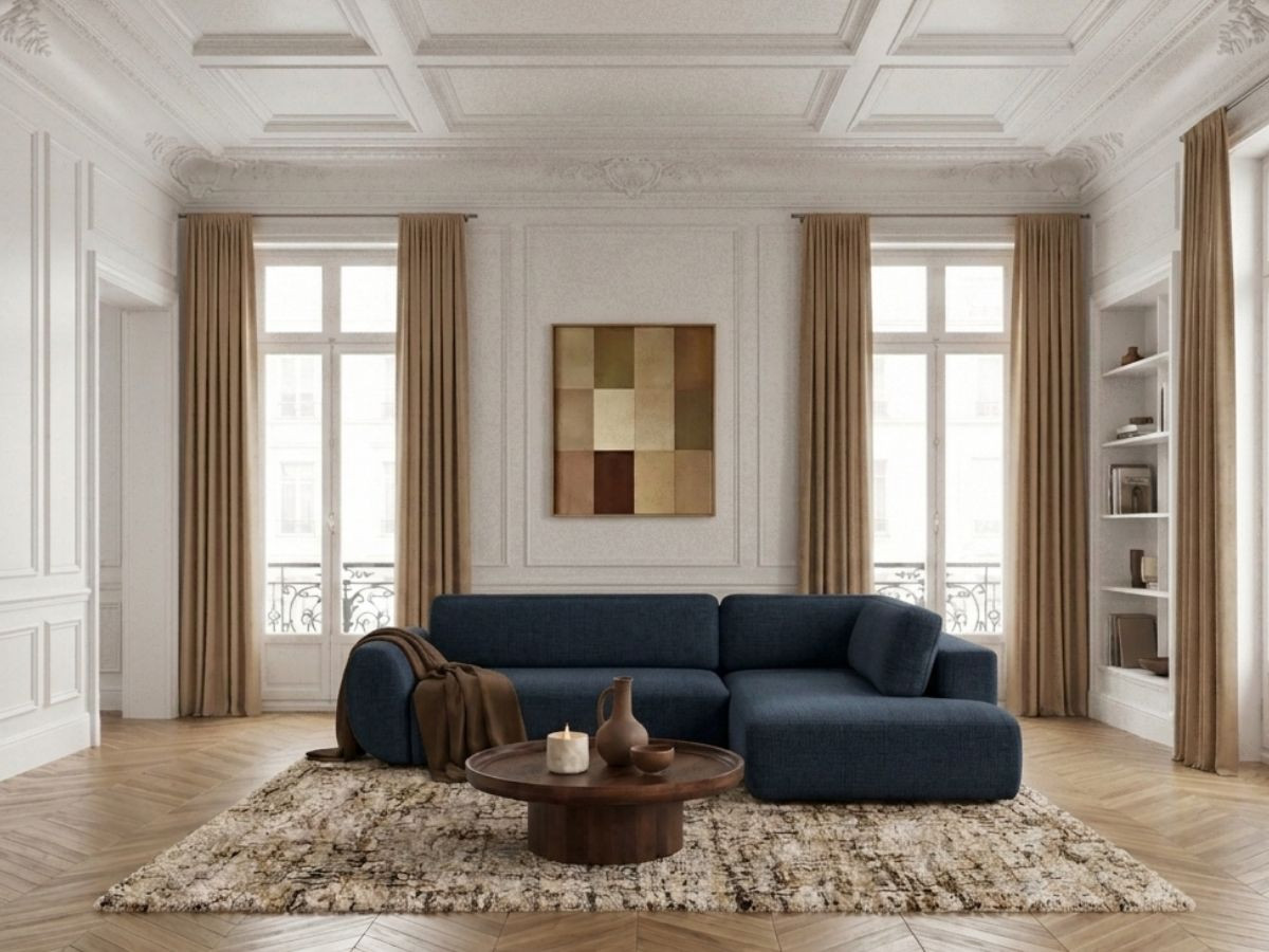 Canapé angle L convertible coffre DENISE texturé bleu foncé — vue 4