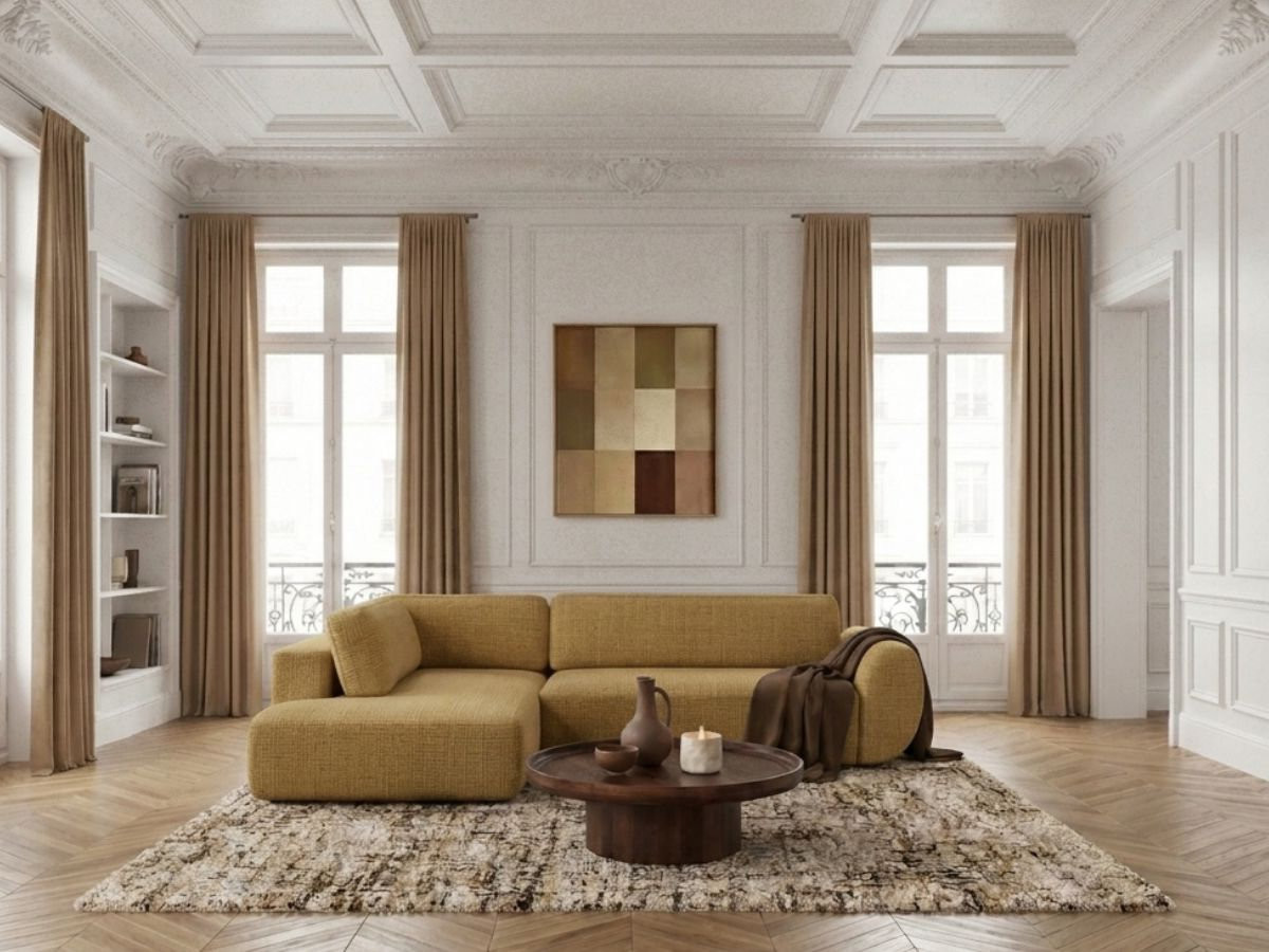 Sofa Moduł narożny L rozkładany z pojemnikiem DENISE tkanina strukturalna