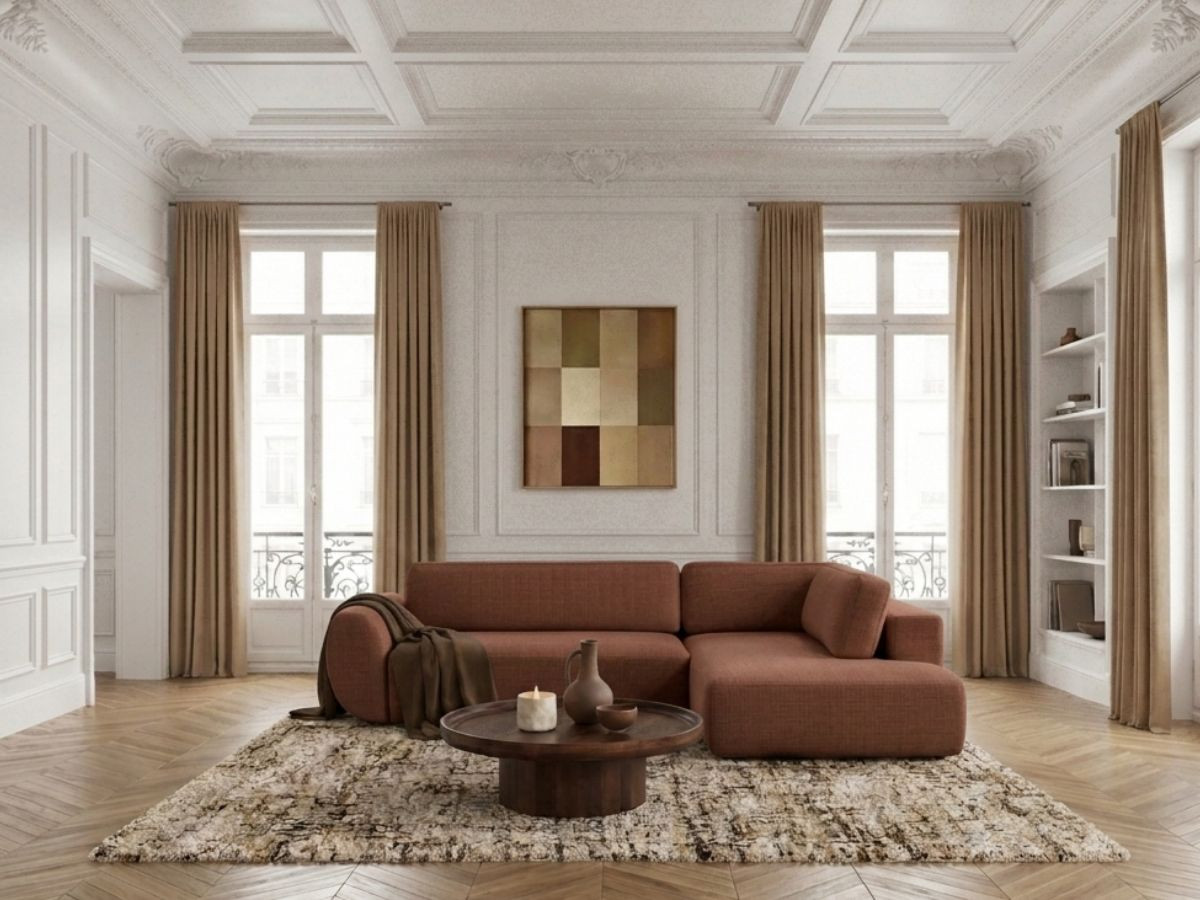 Canapé angle L convertible coffre DENISE texturé orange — vue 4