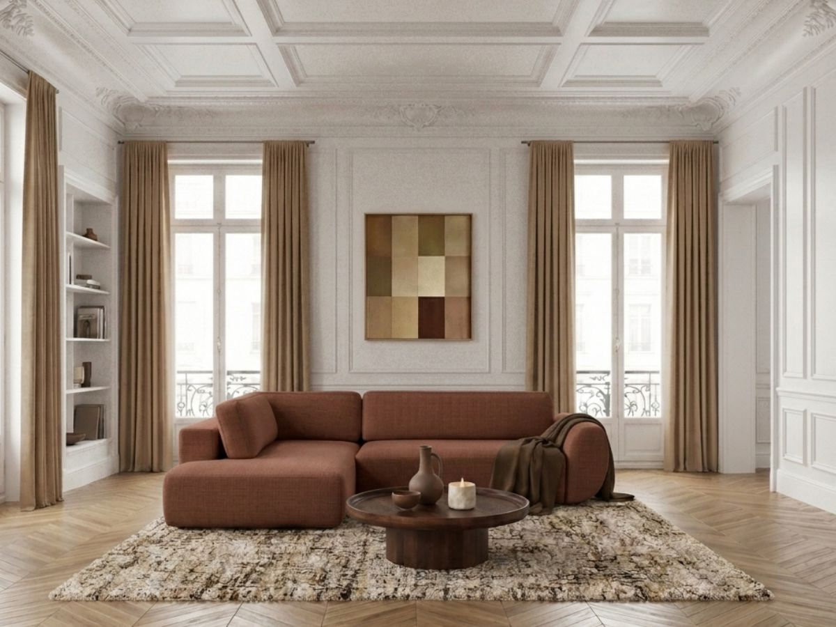 Sofa Moduł narożny L rozkładany z pojemnikiem DENISE tkanina strukturalna