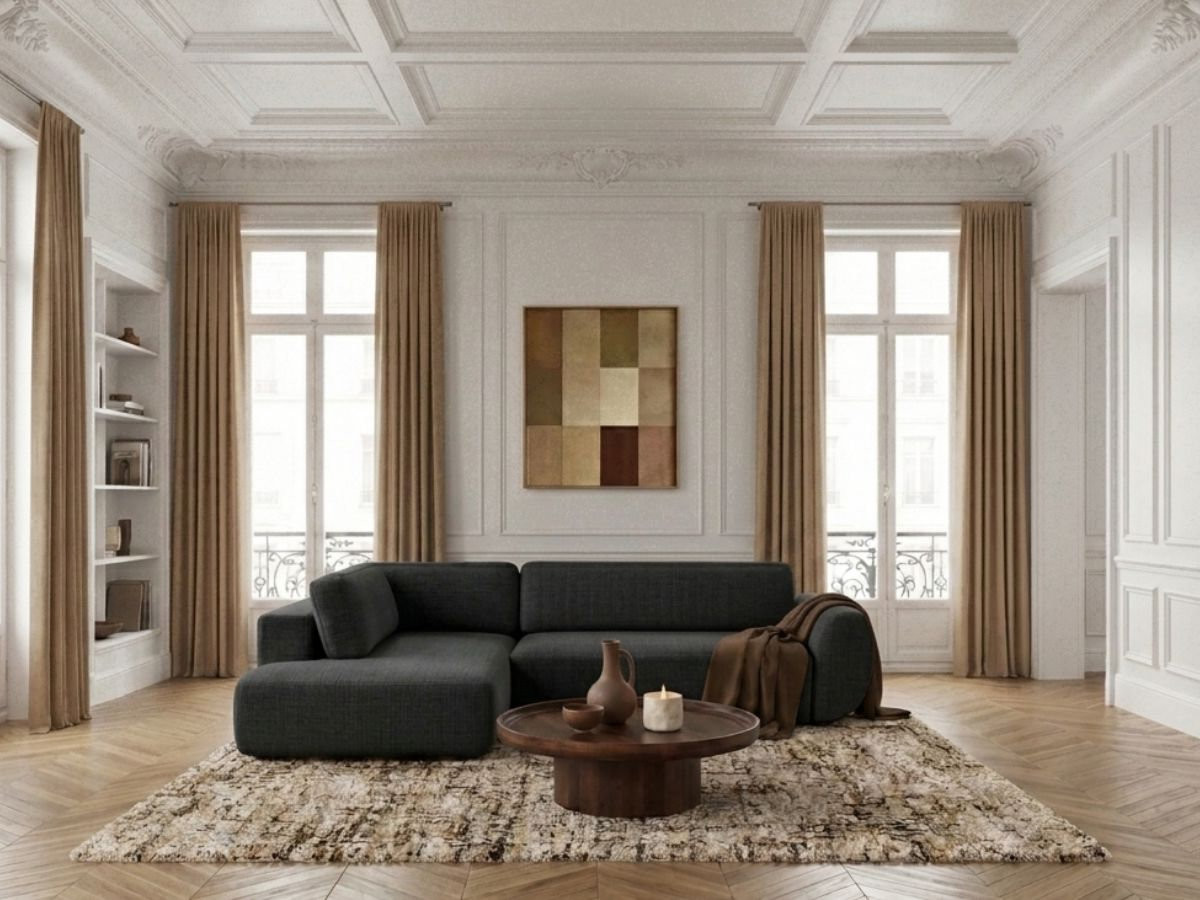 Sofa Moduł narożny L rozkładany z pojemnikiem DENISE tkanina strukturalna