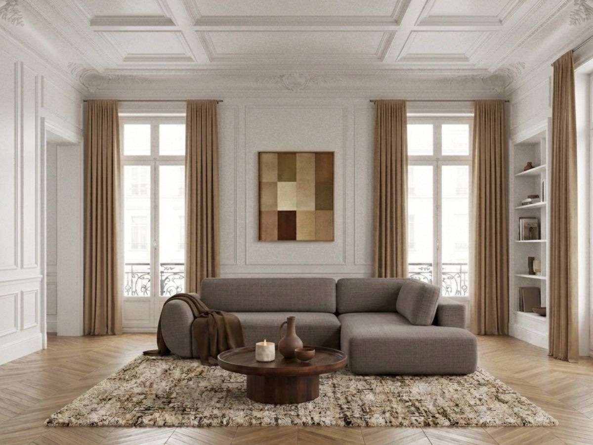 Canapé angle L convertible coffre DENISE texturé taupe — vue 4