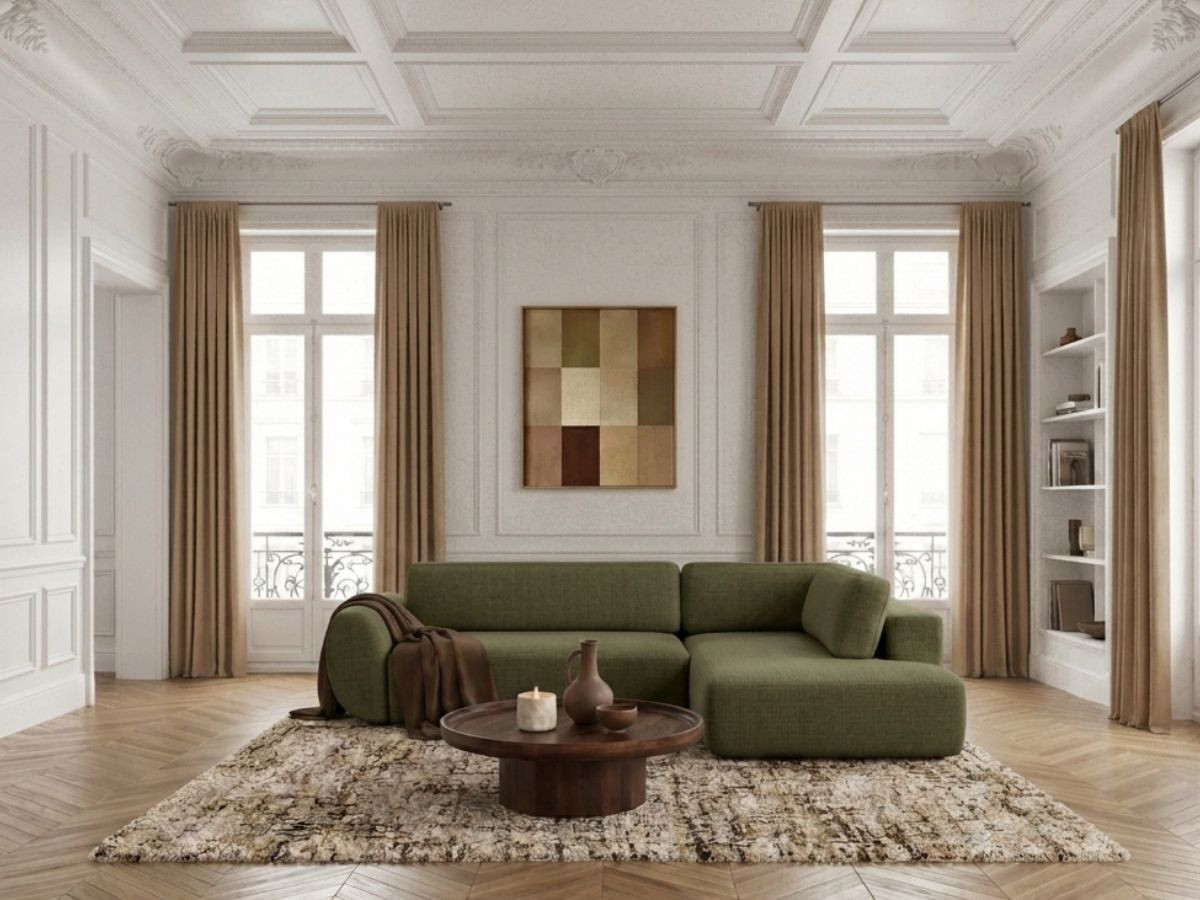 Canapé angle L convertible coffre DENISE texturé vert — vue 4