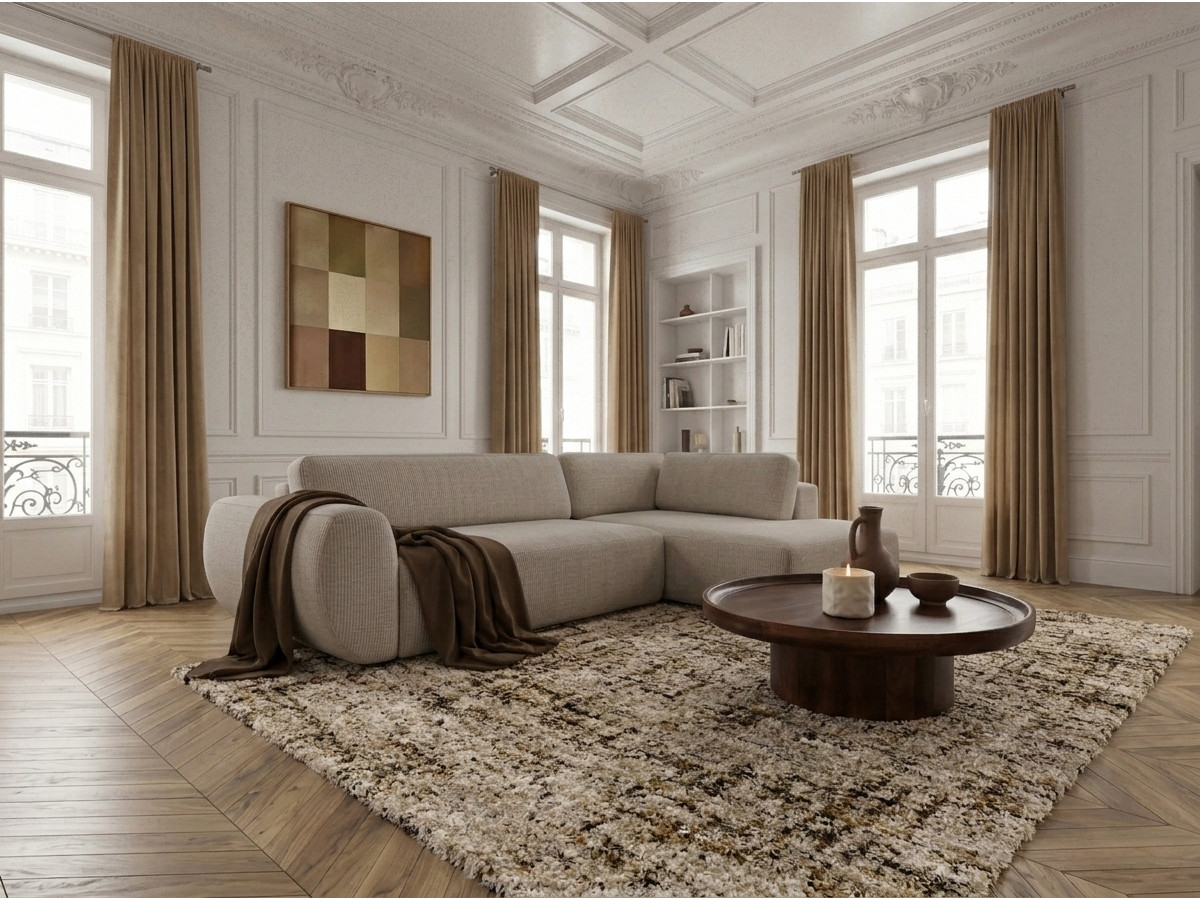 Canapé angle L convertible coffre DENISE texturé beige