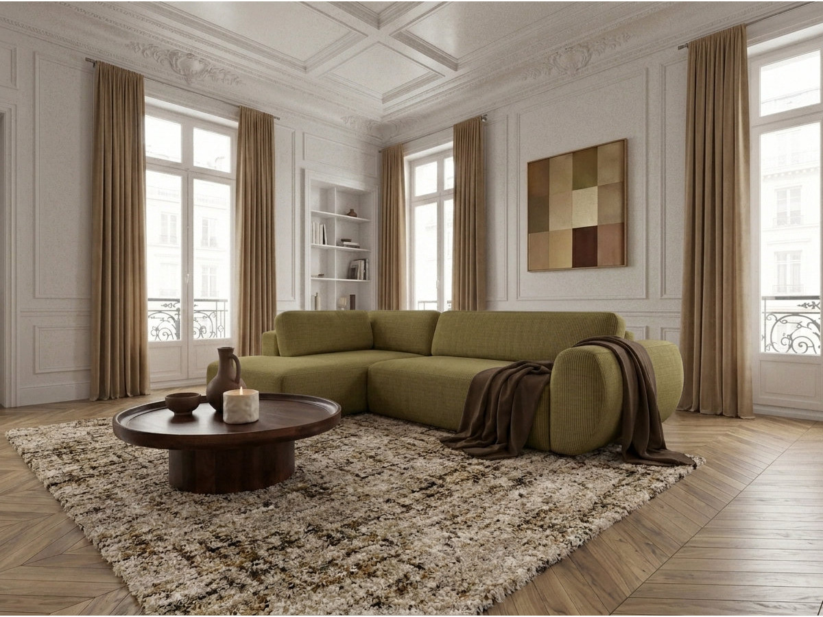 Canapé angle L convertible coffre DENISE tissu texturé vert  angle gauche BOBOCHIC 4 places