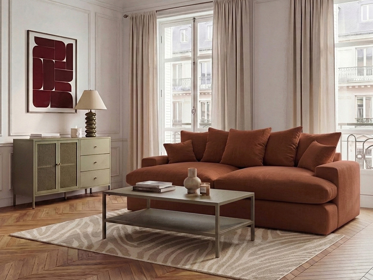 Canapé 3 places causeuse avec assise profonde NEVADA lisse orange