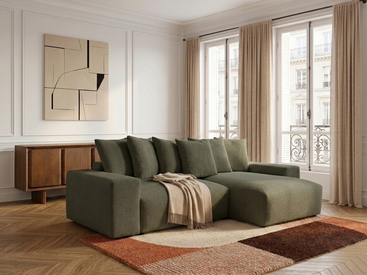 Canapé d'angle convertible réversible coffre VOLTAIRE chiné vert