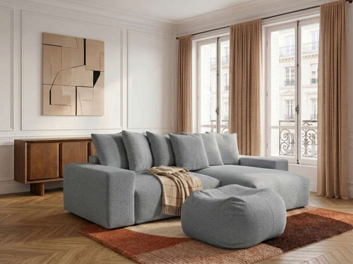 Canapé d'angle fixe réversible VOLTAIRE tissu chiné avec pouf
