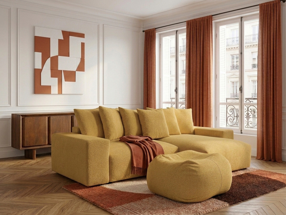 Canapé d'angle réversible VOLTAIRE chiné avec pouf jaune