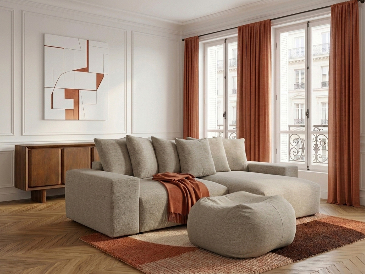 Canapé d'angle réversible VOLTAIRE chiné avec pouf taupe