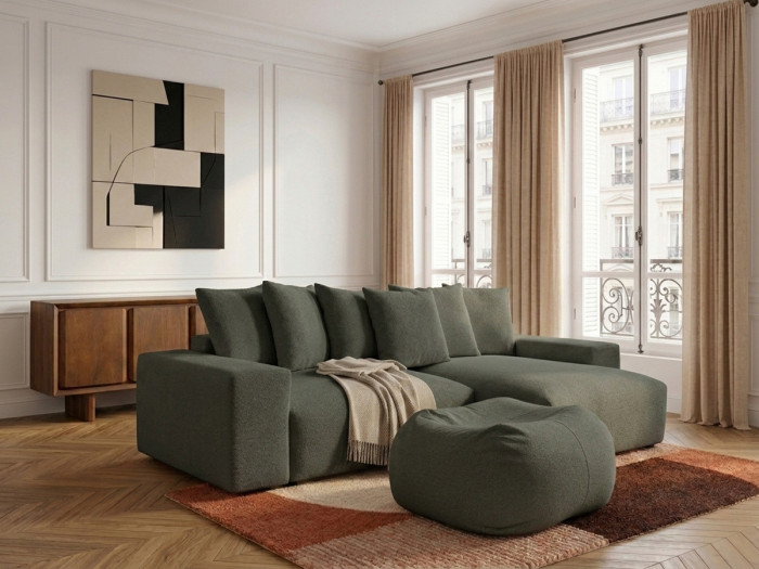 Canapé d'angle fixe réversible VOLTAIRE tissu chiné avec pouf