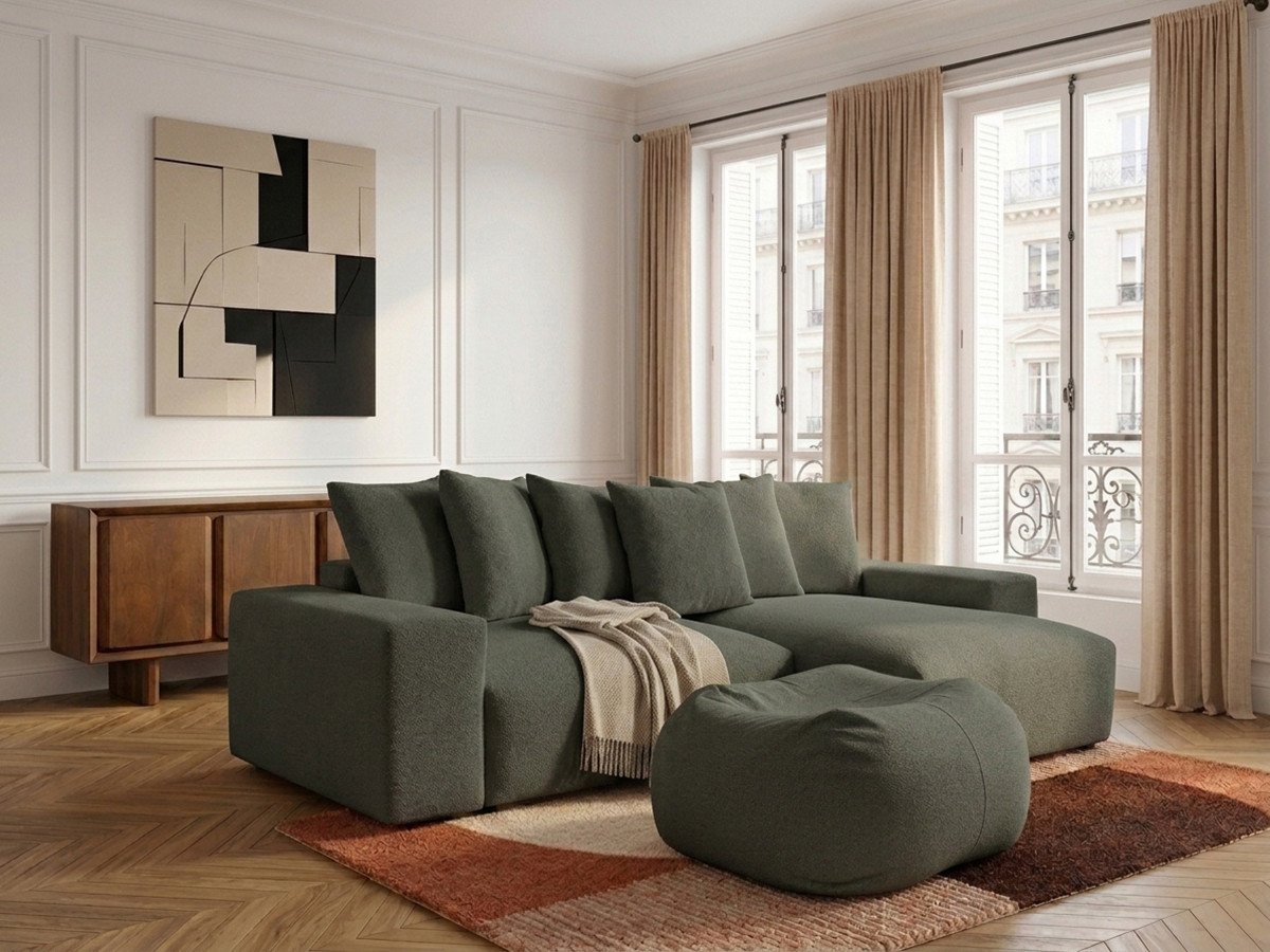 Canapé d'angle réversible VOLTAIRE chiné avec pouf vert