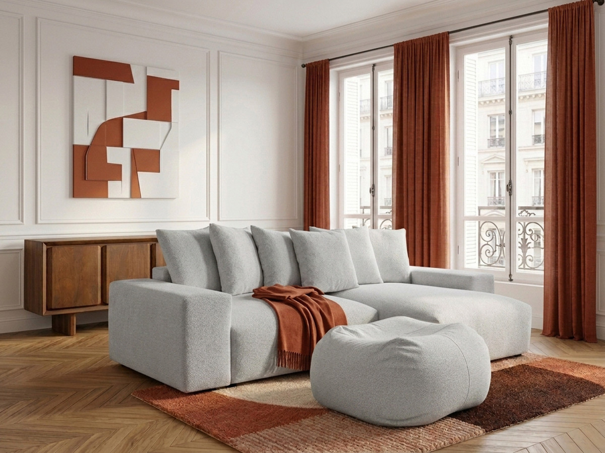 Canapé d'angle réversible VOLTAIRE chiné avec pouf gris clair