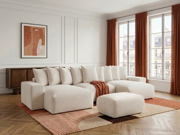 Canapé panoramique convertible coffre VOLTAIRE tissu chiné avec pouf