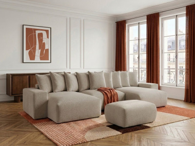 Canapé panoramique convertible coffre VOLTAIRE tissu chiné avec pouf