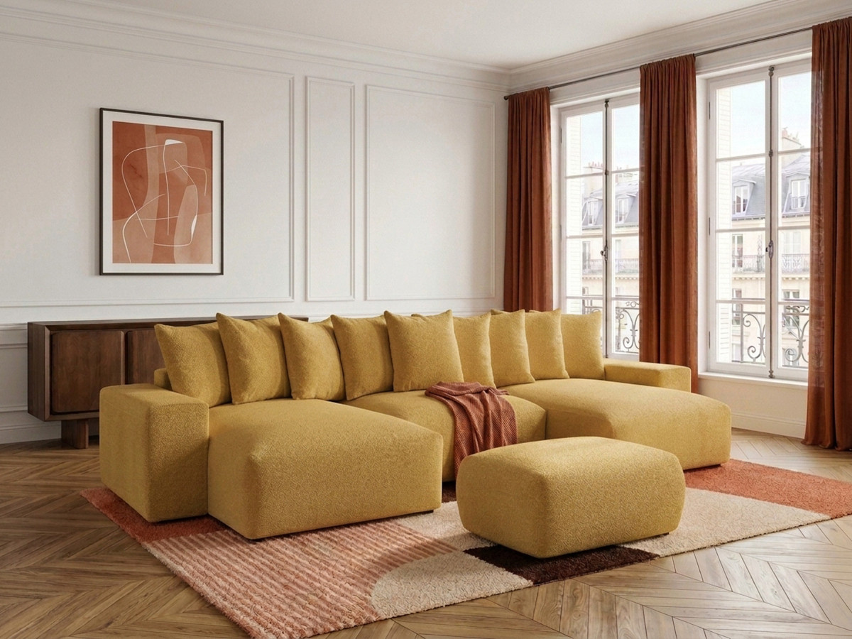 Canapé panoramique convertible coffre VOLTAIRE chiné avec pouf jaune