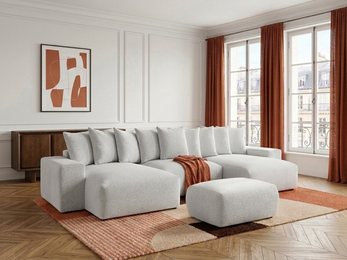 Canapé panoramique convertible coffre VOLTAIRE chiné avec pouf gris clair