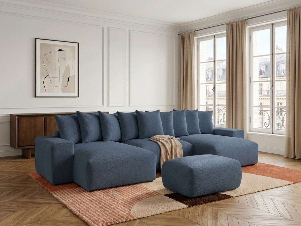 Canapé panoramique convertible coffre VOLTAIRE chiné avec pouf bleu foncé