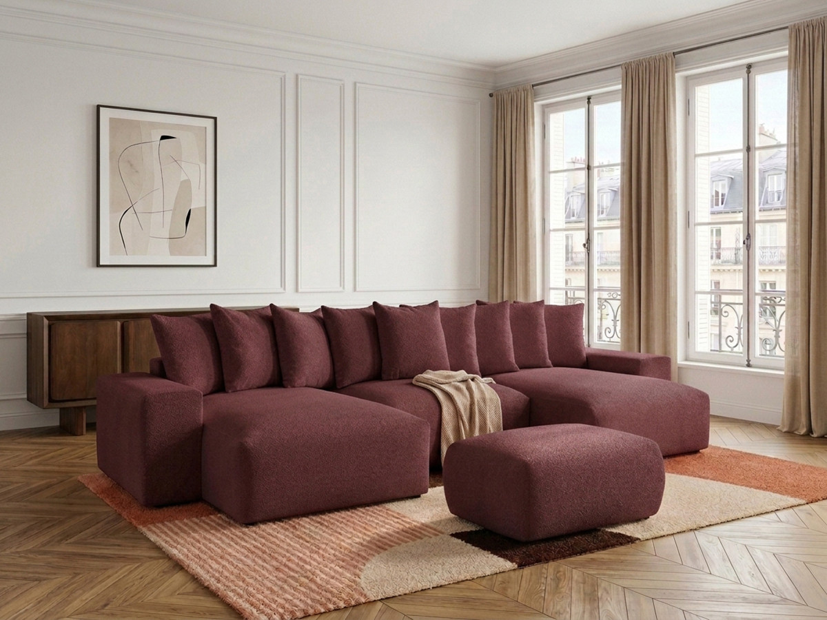 Canapé panoramique convertible coffre VOLTAIRE chiné avec pouf rouge