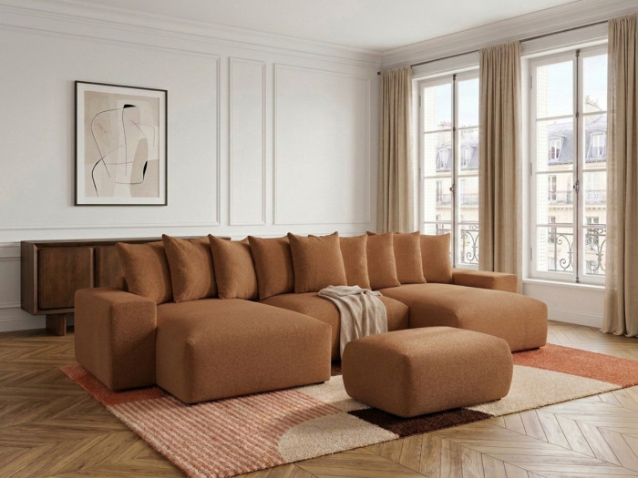Canapé panoramique convertible coffre VOLTAIRE tissu chiné avec pouf