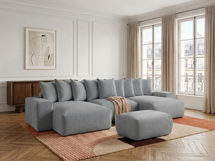 Canapé panoramique convertible coffre VOLTAIRE tissu chiné avec pouf