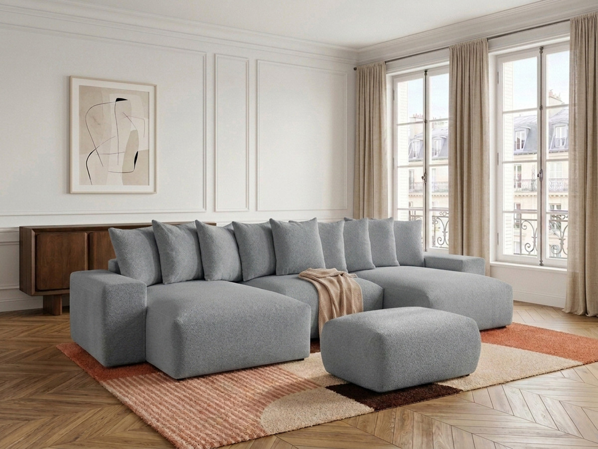 Canapé panoramique convertible coffre VOLTAIRE chiné avec pouf gris foncé