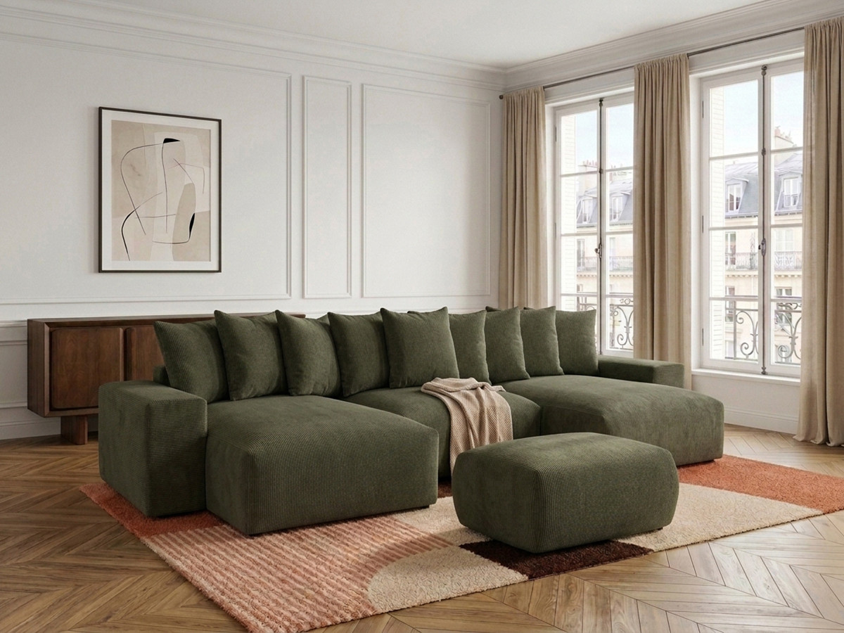 Canapé panoramique convertible coffre VOLTAIRE chiné avec pouf vert