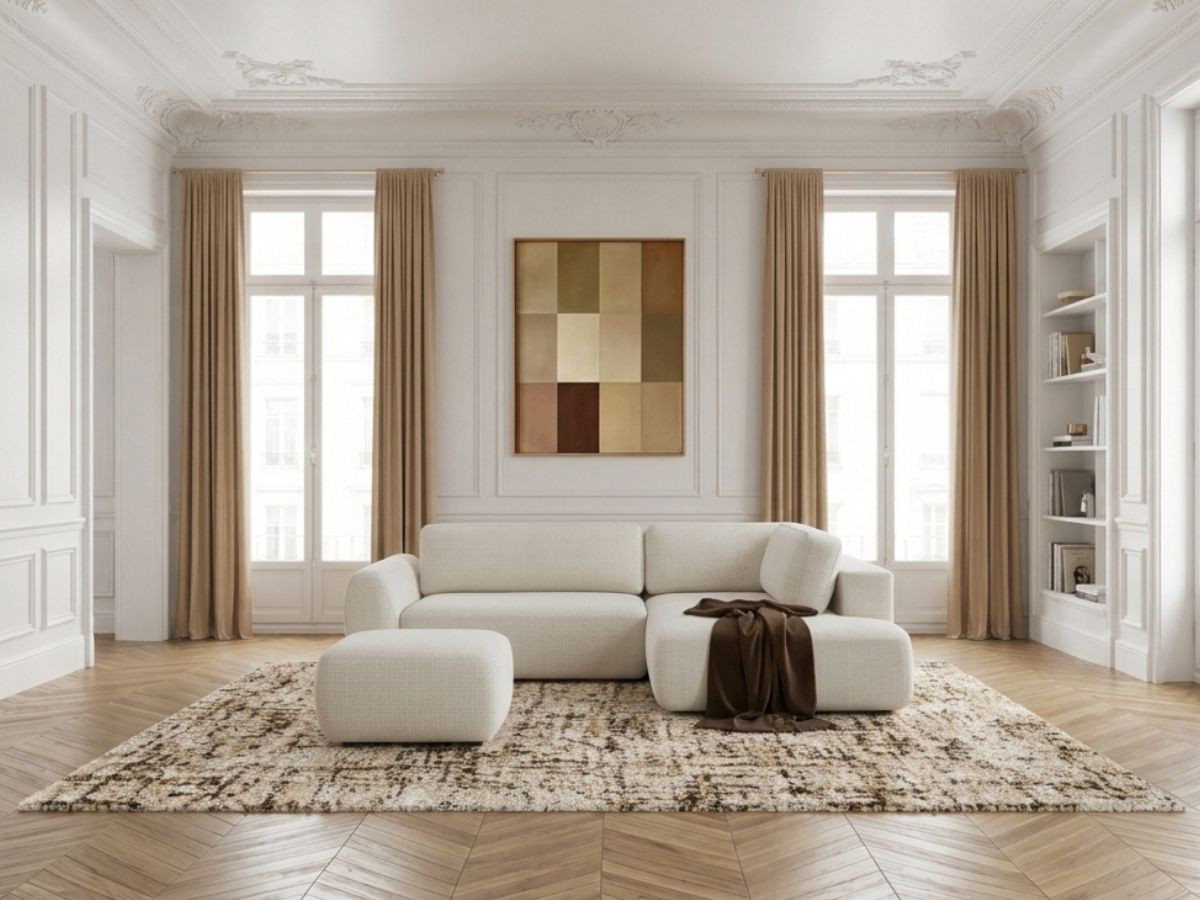 Canapé angle L convertible coffre DENISE texturé avec pouf blanc — vue 4