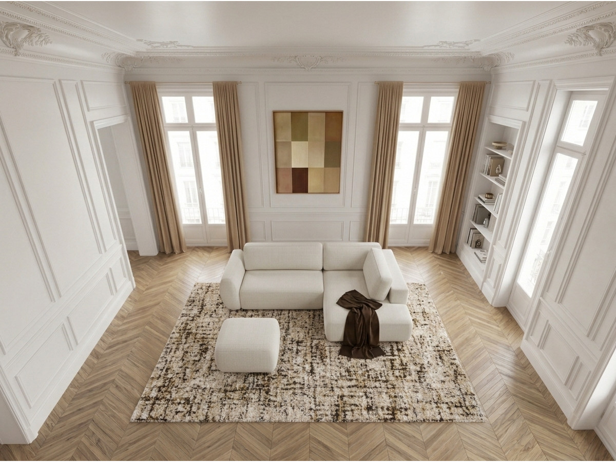Canapé angle L convertible coffre DENISE texturé avec pouf blanc — vue 6
