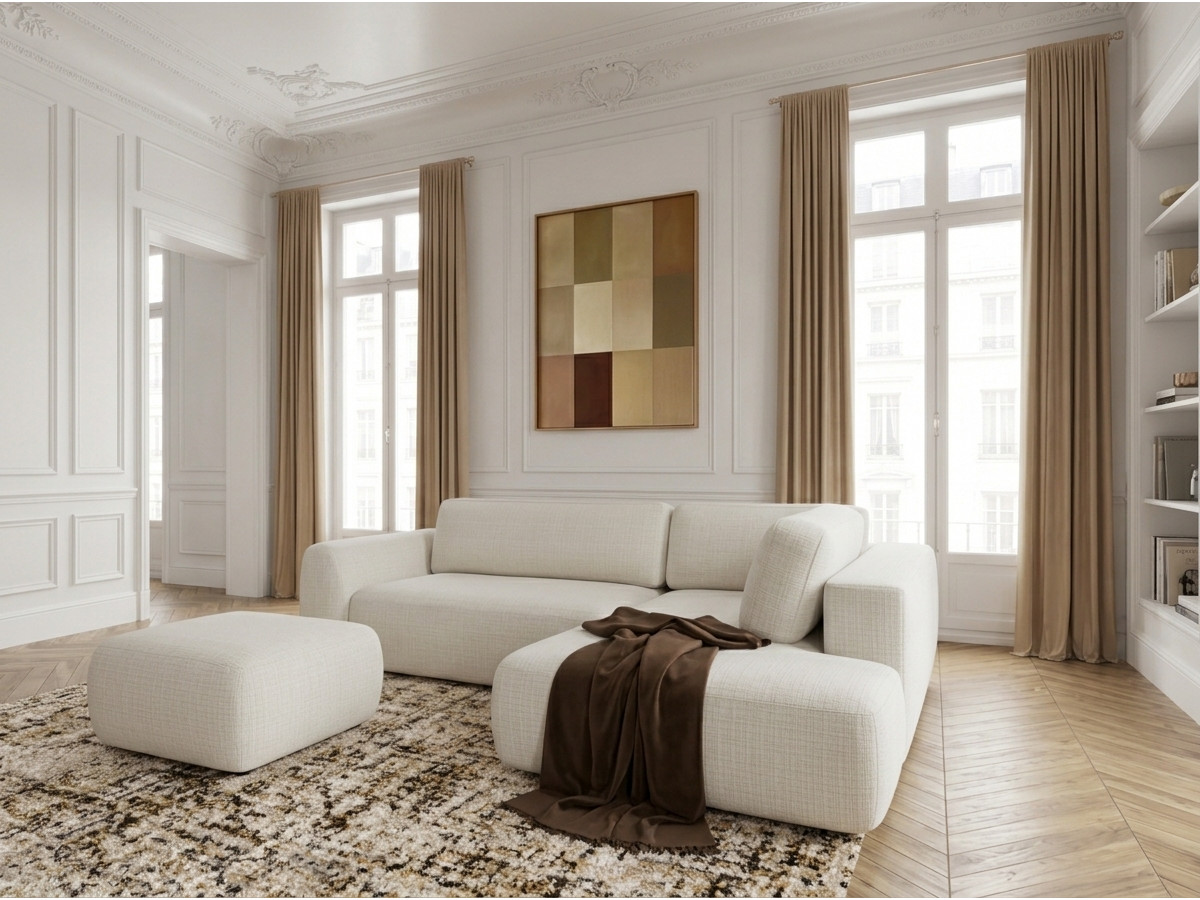 Canapé angle L convertible coffre DENISE tissu texturé avec pouf