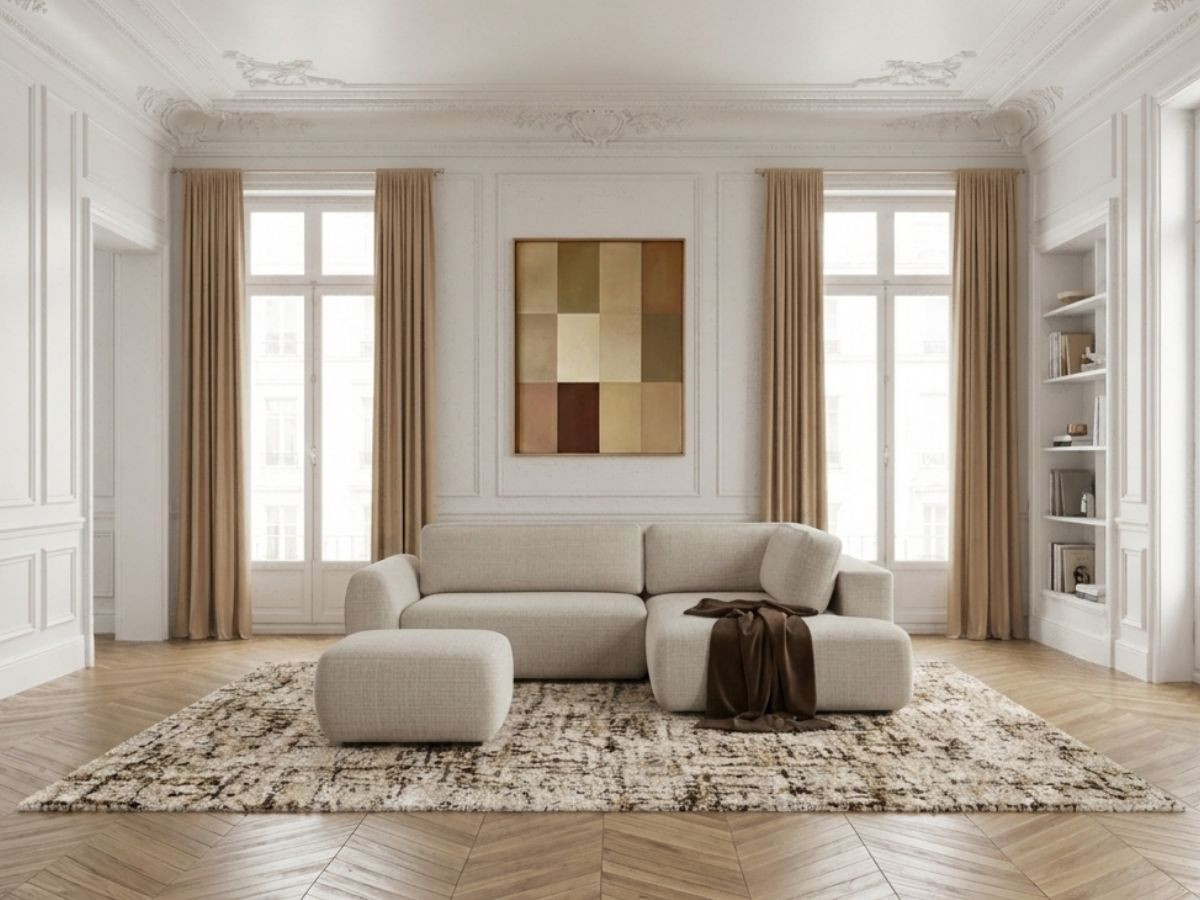Canapé angle L convertible coffre DENISE texturé avec pouf beige — vue 4