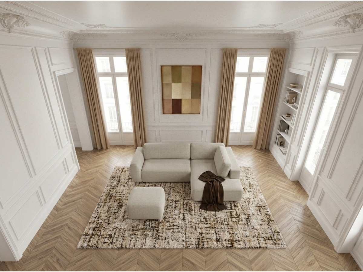 Canapé angle L convertible coffre DENISE texturé avec pouf beige — vue 6