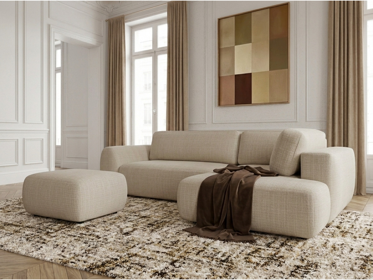 Canapé angle L convertible coffre DENISE texturé avec pouf beige
