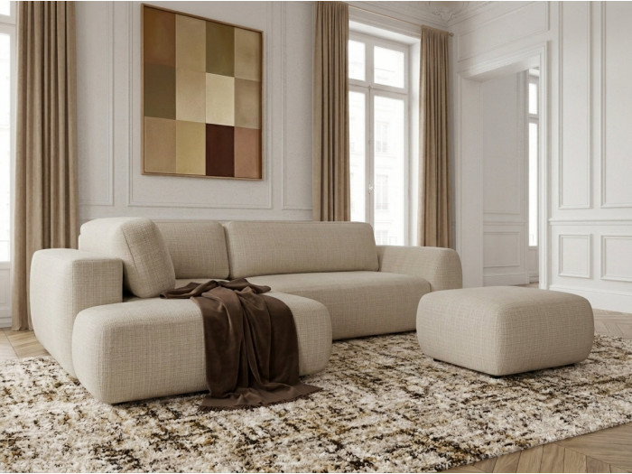 Canapé angle L convertible coffre DENISE tissu texturé avec pouf