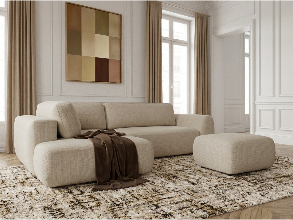 Canapé angle L convertible coffre DENISE tissu texturé avec pouf