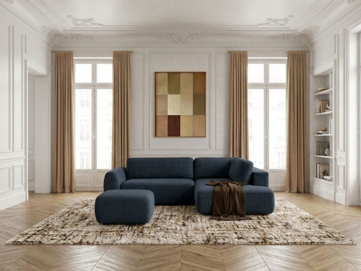 Canapé angle L convertible coffre DENISE texturé avec pouf bleu foncé — vue 4