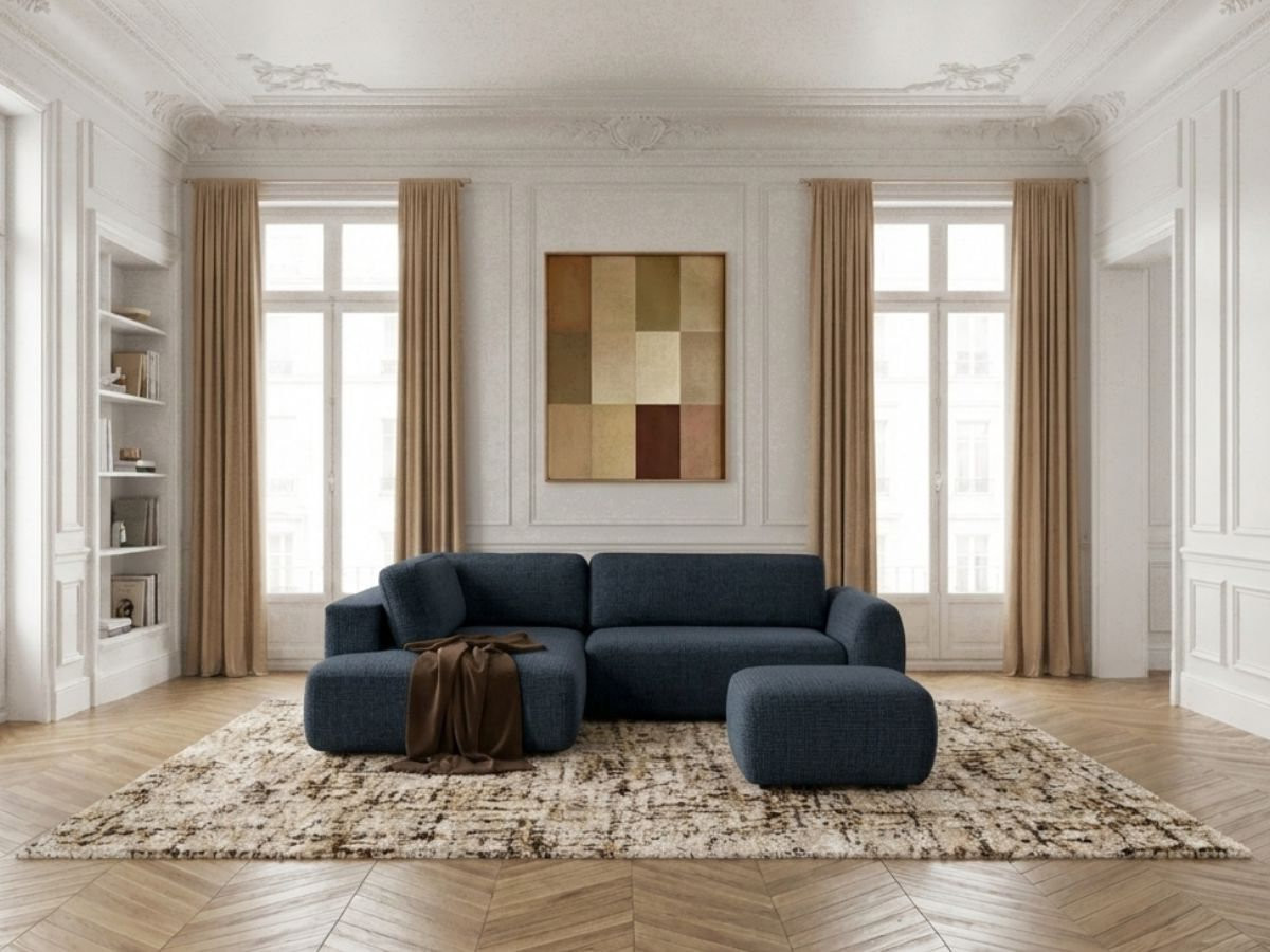 Sofa Moduł narożny L rozkładany z pojemnikiem DENISE tkanina strukturalna z pufą