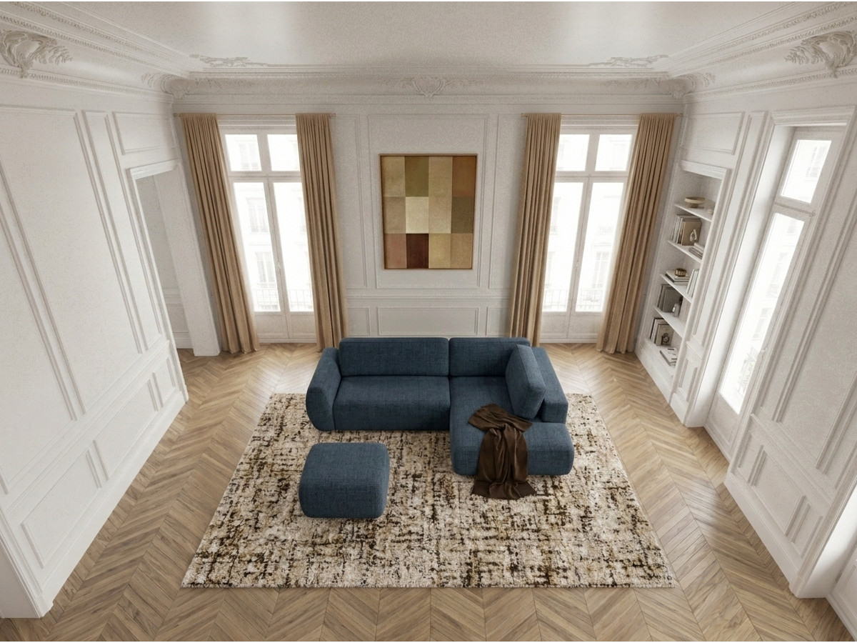Canapé angle L convertible coffre DENISE texturé avec pouf bleu foncé — vue 6