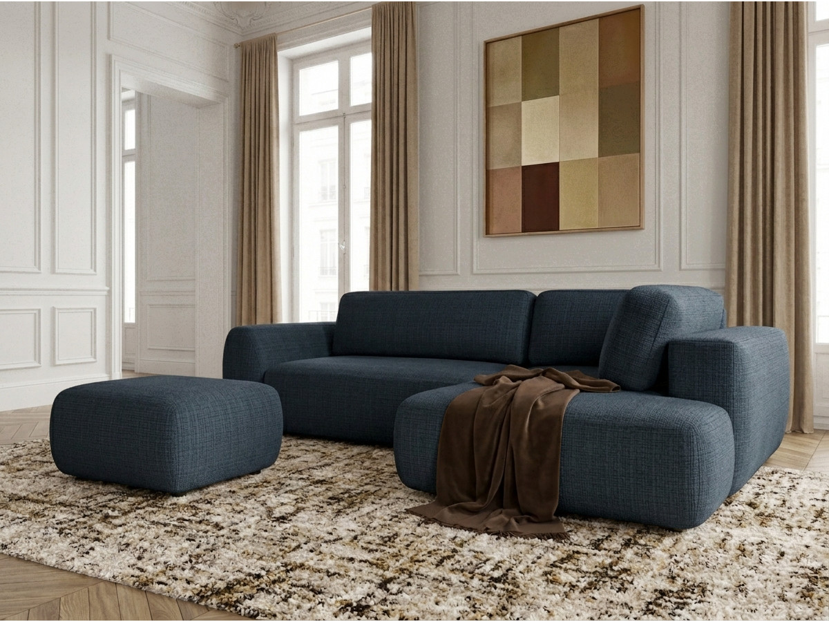 Canapé angle L convertible coffre DENISE tissu texturé avec pouf