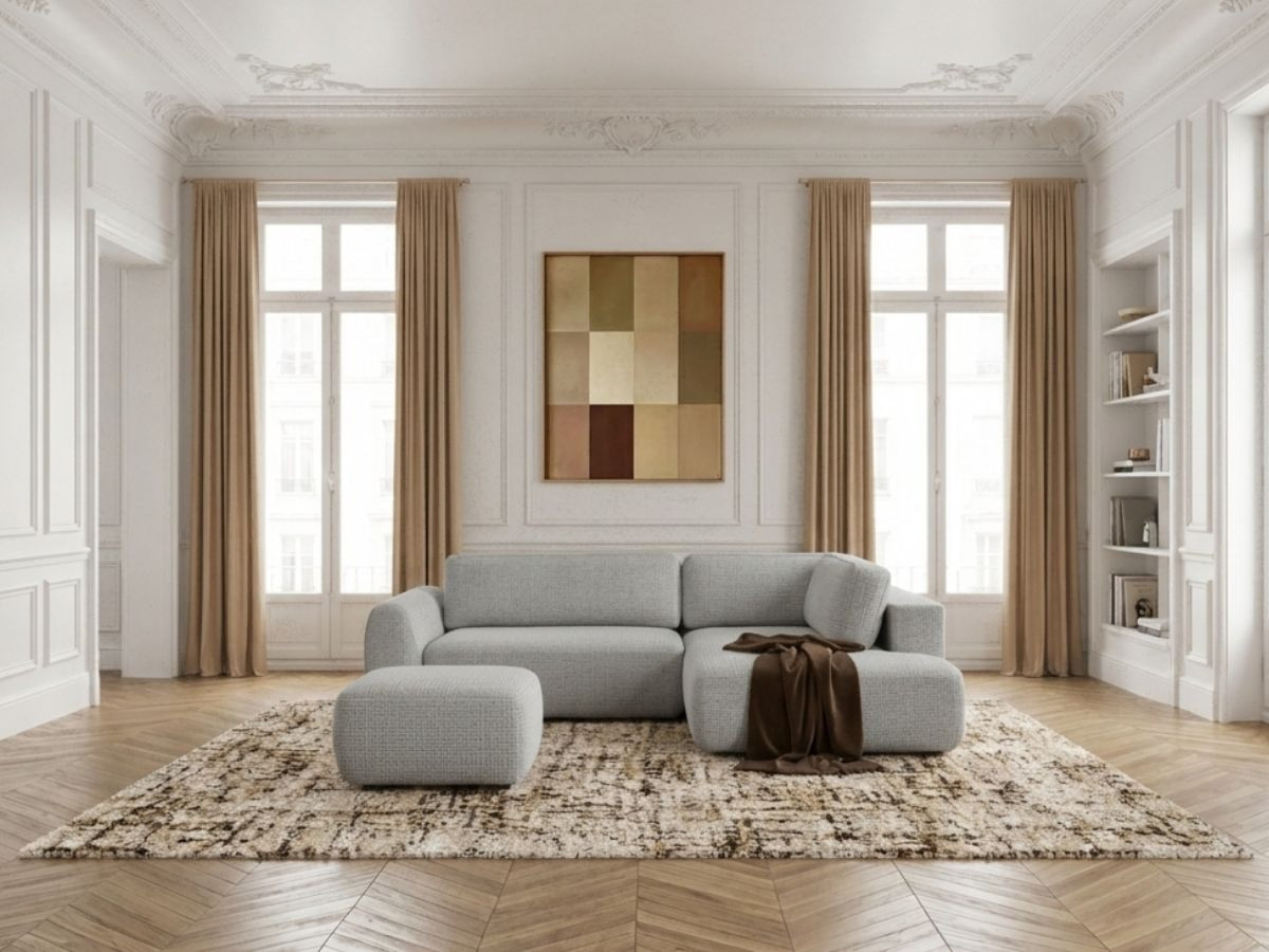 Canapé angle L convertible coffre DENISE texturé avec pouf gris clair — vue 4