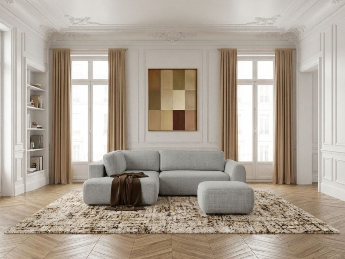 Sofa Moduł narożny L rozkładany z pojemnikiem DENISE tkanina strukturalna z pufą