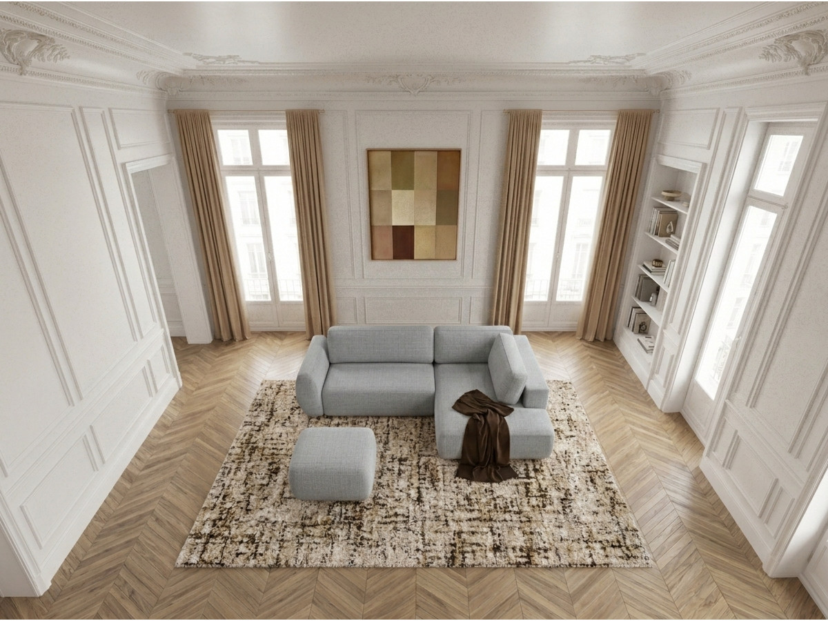 Canapé angle L convertible coffre DENISE texturé avec pouf gris clair — vue 6