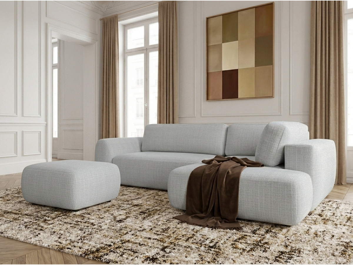 Canapé angle L convertible coffre DENISE texturé avec pouf gris clair